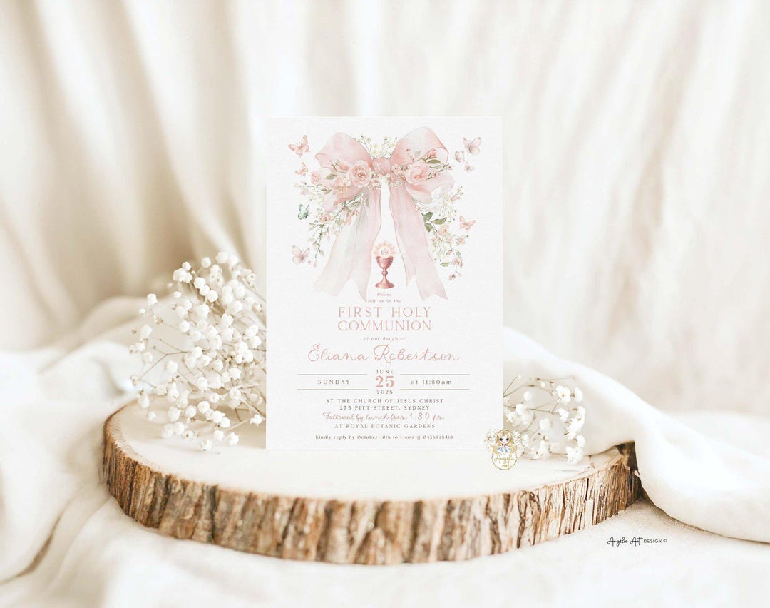 IVY - Blush Pink Floral BOW Butterfly First Holy Communion Invitation ...