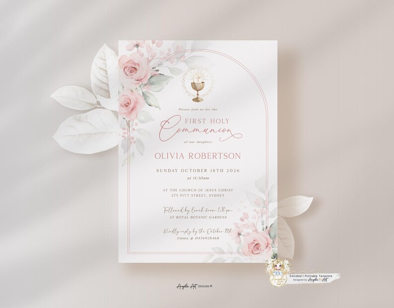 AMELIA - Blush Floral First Holy COMMUNION Invitation Template Girl ...