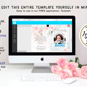 May include: A computer screen displaying a pink floral template for a memorial service. The template is editable and can be printed at home or professionally. The text on the screen reads "Celebrating the life of".