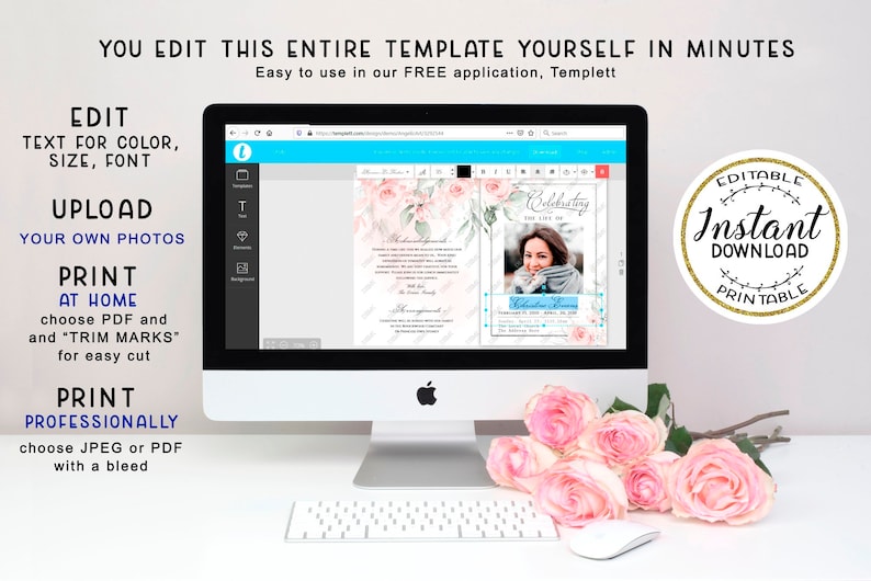 May include: A computer screen displaying a pink floral template for a memorial service. The template is editable and can be printed at home or professionally. The text on the screen reads "Celebrating the life of".
