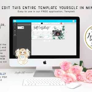 May include: A computer monitor displays a gift certificate template with a camera graphic. Text on the screen reads "Gift Certificate". The image also includes instructions for editing and printing the template, along with a logo that says "Instant Download Printable".