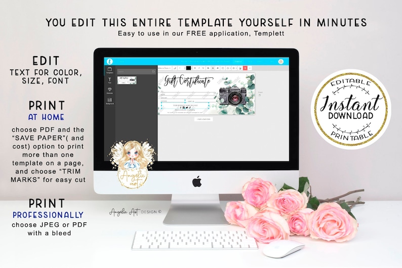 May include: A computer monitor displays a gift certificate template with a camera graphic. Text on the screen reads "Gift Certificate". The image also includes instructions for editing and printing the template, along with a logo that says "Instant Download Printable".