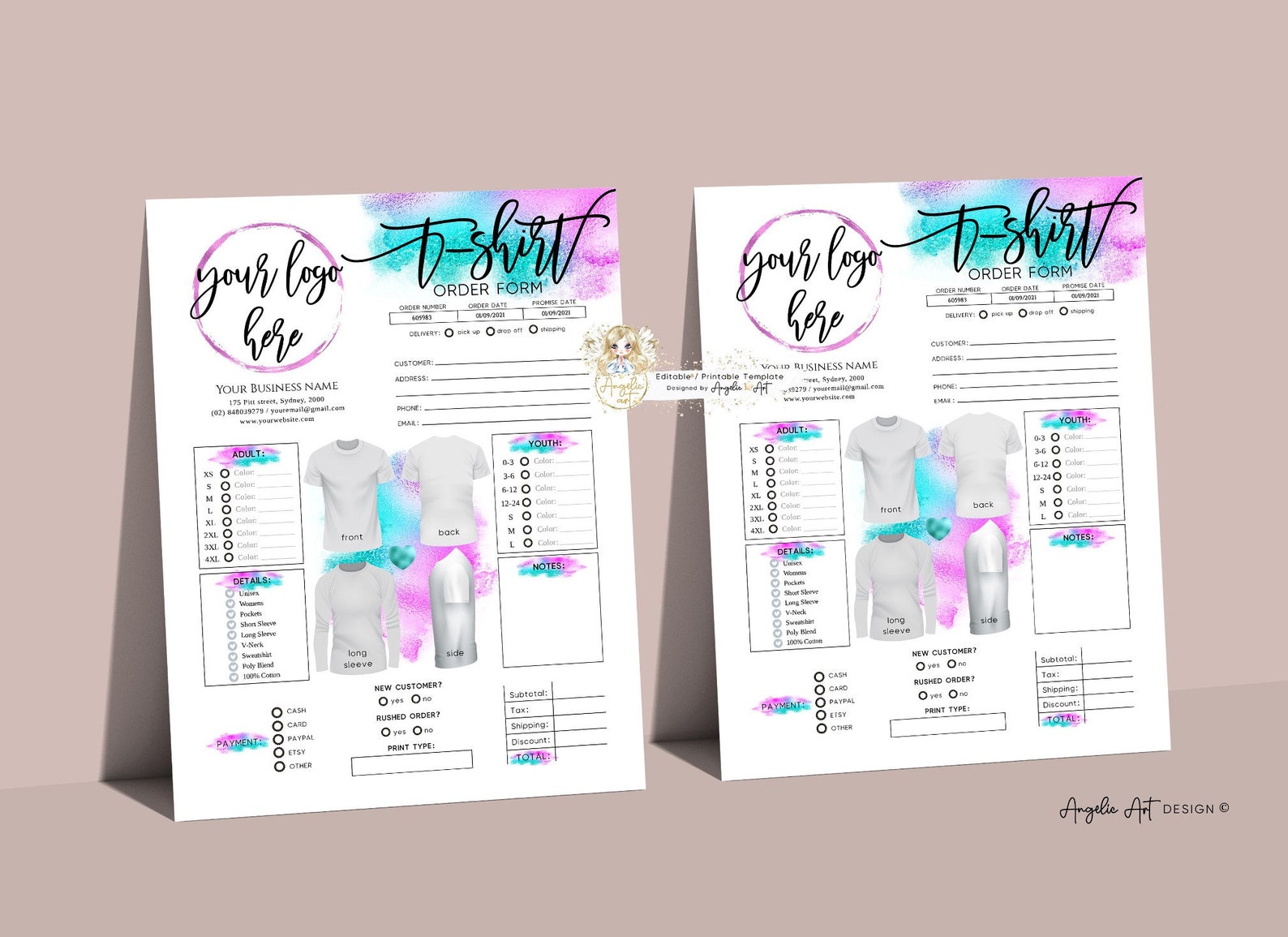 Download Splash of Color Teal Pink T-SHIRT Order Form Template Modern | Etsy
