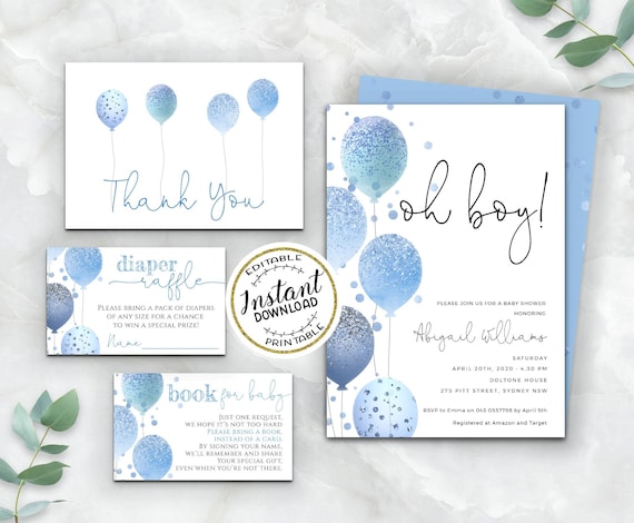 Baby Shower Boy Invitation Set Editable Printable Baby Boy Shower Bundle Balloons Invitation set Template INSTANT DOWNLOAD | BN077