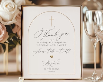Editable Classic Golden Arch Baptism Dessert Sweets Table Sign Template Modern Gold Christening Communion DiY Favor Sign