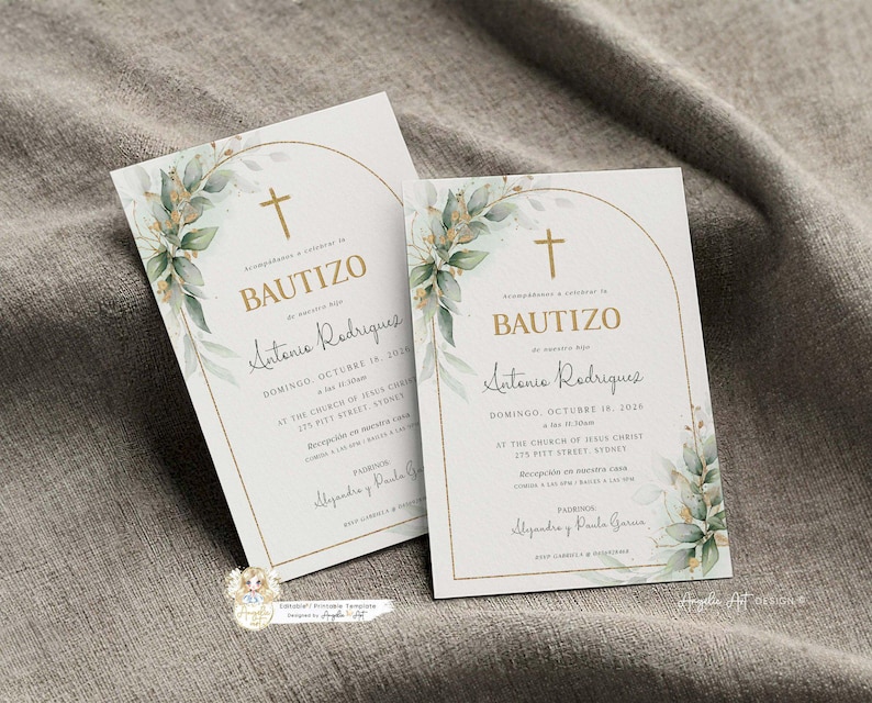 K&ouml;nnte beinhalten: Zwei wei&szlig;e Karten mit goldenen Verzierungen und gr&uuml;nen Blumenmustern. Die Karten sind f&uuml;r eine Taufe und enthalten den Text "BAUTIZO" und "Antonio Rodriques".