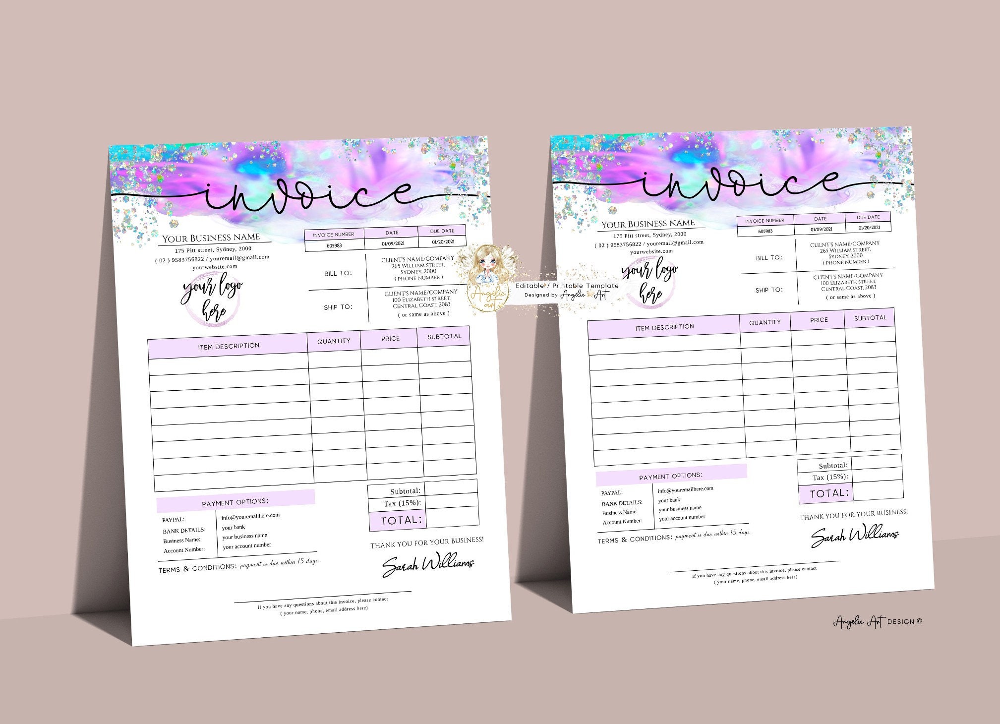 COLIBRI - Holographic Glitter Invoice Form Template EDITABLE Modern ...