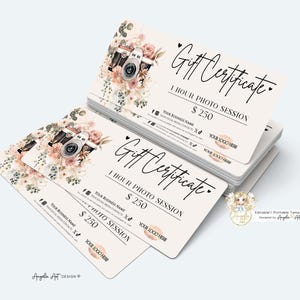 May include: A stack of gift certificates for a 1-hour photo session. Each certificate features a watercolor design of a camera and flowers. The text includes "Gift Certificate", "1 HOUR PHOTO SESSION", and "$250".