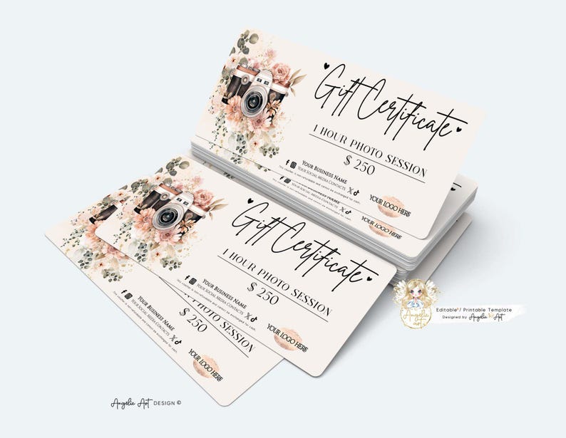 May include: A stack of gift certificates for a 1-hour photo session. Each certificate features a watercolor design of a camera and flowers. The text includes "Gift Certificate", "1 HOUR PHOTO SESSION", and "$250".