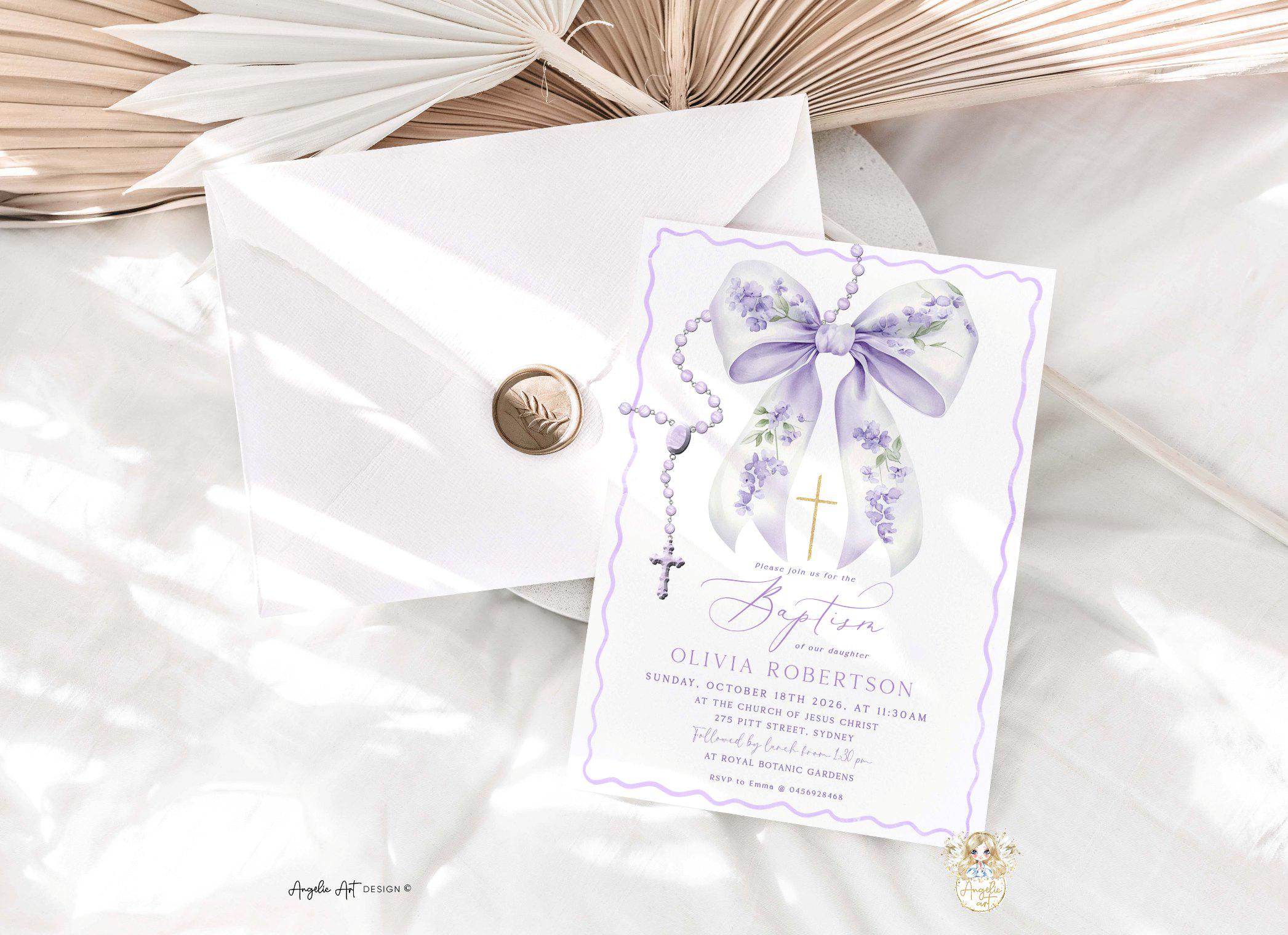 Editable Lilac BOW Rosary Baptism Invitation Template Coquette Baptism