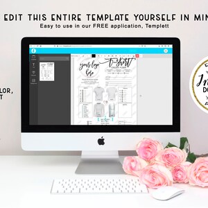 May include: A computer screen displaying a T-shirt order form template. The template is editable and includes a space for a logo, a section for sizes, and a section for colors. The text on the screen reads "Your Logo Here" and "T-Shirt Order Form". The text on the screen is black and the background is white. The computer screen is on a white desk with a keyboard and a mouse. There are pink roses in the foreground.
