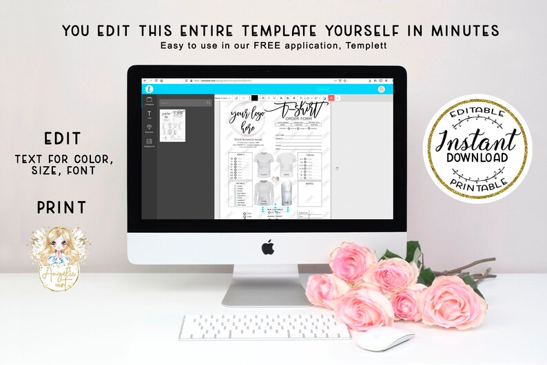 May include: A computer screen displaying a T-shirt order form template. The template is editable and includes a space for a logo, a section for sizes, and a section for colors. The text on the screen reads "Your Logo Here" and "T-Shirt Order Form". The text on the screen is black and the background is white. The computer screen is on a white desk with a keyboard and a mouse. There are pink roses in the foreground.