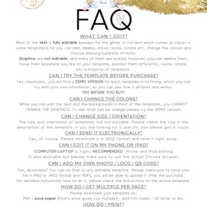 K&ouml;nnte beinhalten: Eine gold-wei&szlig;e Grafik mit dem Text "FAQ" in gro&szlig;er, fetter Schrift. Die Grafik enth&auml;lt auch ein Herzsymbol und eine kleine Illustration eines Engels. Der Text unter der Grafik liefert Informationen zum Bearbeiten, Ausprobieren und Kaufen von Vorlagen. Der Text enth&auml;lt auch Informationen zum &Auml;ndern von Farben, Gr&ouml;&szlig;e und Ausrichtung der Vorlagen. Der Text enth&auml;lt auch Informationen zum elektronischen Versenden der Vorlagen, zum Bearbeiten auf einem Telefon oder iPad, zum Hinzuf&uuml;gen eines Fotos oder Logos und zum Abrufen mehrerer Vorlagen pro Seite. Der Text enth&auml;lt auch Informationen zum Drucken der Vorlagen. Die Grafik enth&auml;lt die Website-Adresse "www.angelicartshop.etsy.com".