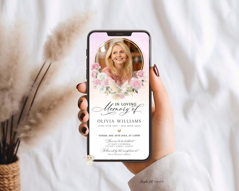 Pink Roses Floral Elegant Funeral Invitation Announcement Template, Digital In Loving Memory Evite (Editable)