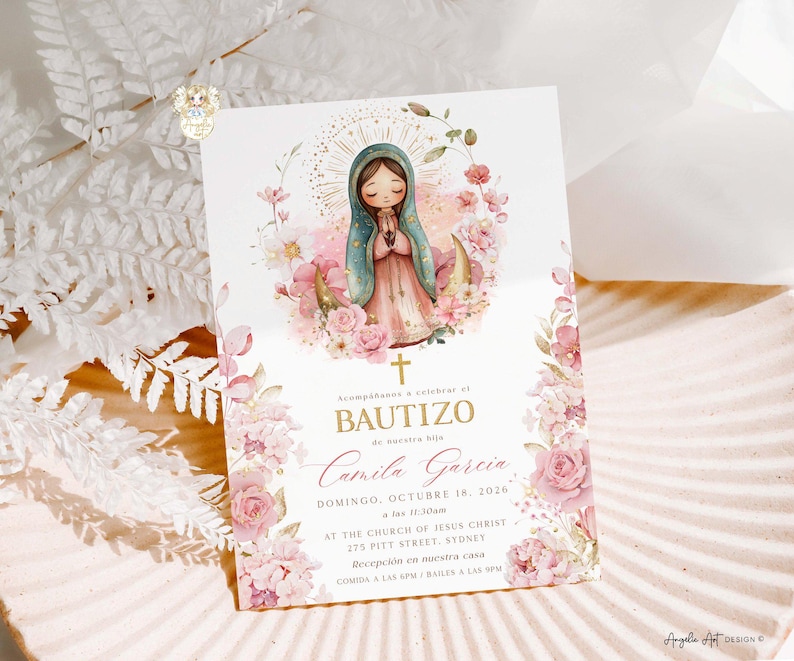 Virgen de Guadalupe Invitacione Bautizo Niña. Spanish Baptism Invitation Girl, EDITABLE Para Imprimir 17 imagem 2