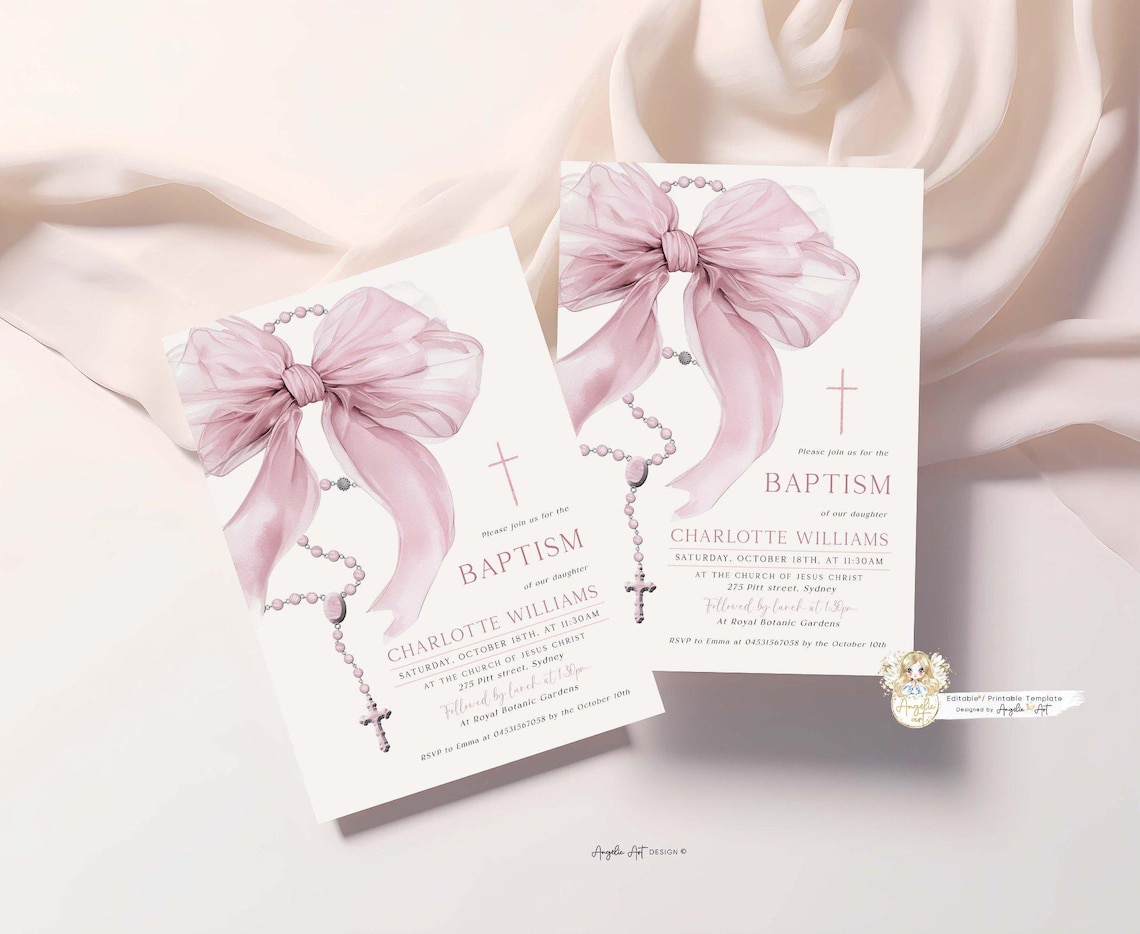 AMY Blush Pink BOW Rosary Baptism Invitation Template EDITABLE