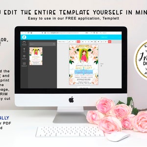 May include: A computer monitor displays a baptism invitation template with floral and angel graphics. Text on the screen reads "BAUTIZO". The image includes instructions for editing text, printing at home, and professional printing. A gold-rimmed "Instant Download" sticker is visible.