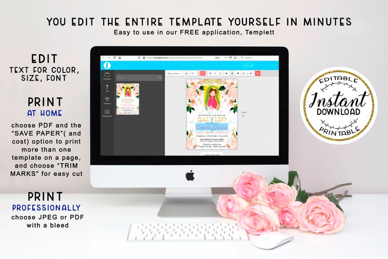 May include: A computer monitor displays a baptism invitation template with floral and angel graphics. Text on the screen reads "BAUTIZO". The image includes instructions for editing text, printing at home, and professional printing. A gold-rimmed "Instant Download" sticker is visible.