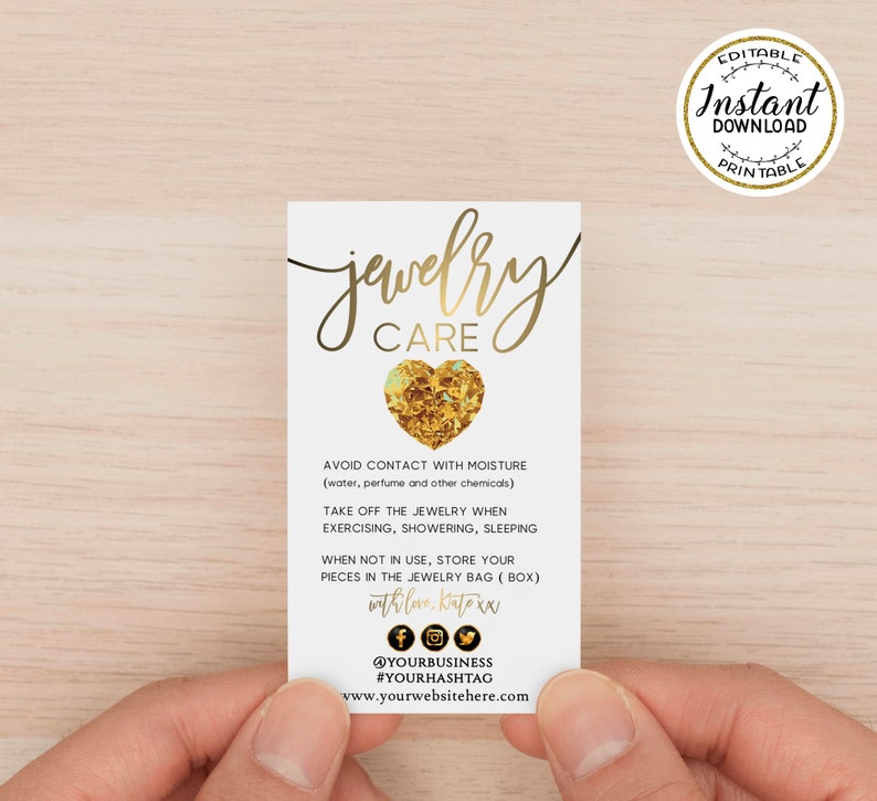 Gold Jewelry Care Cards Template Printable Editable Care Etsy