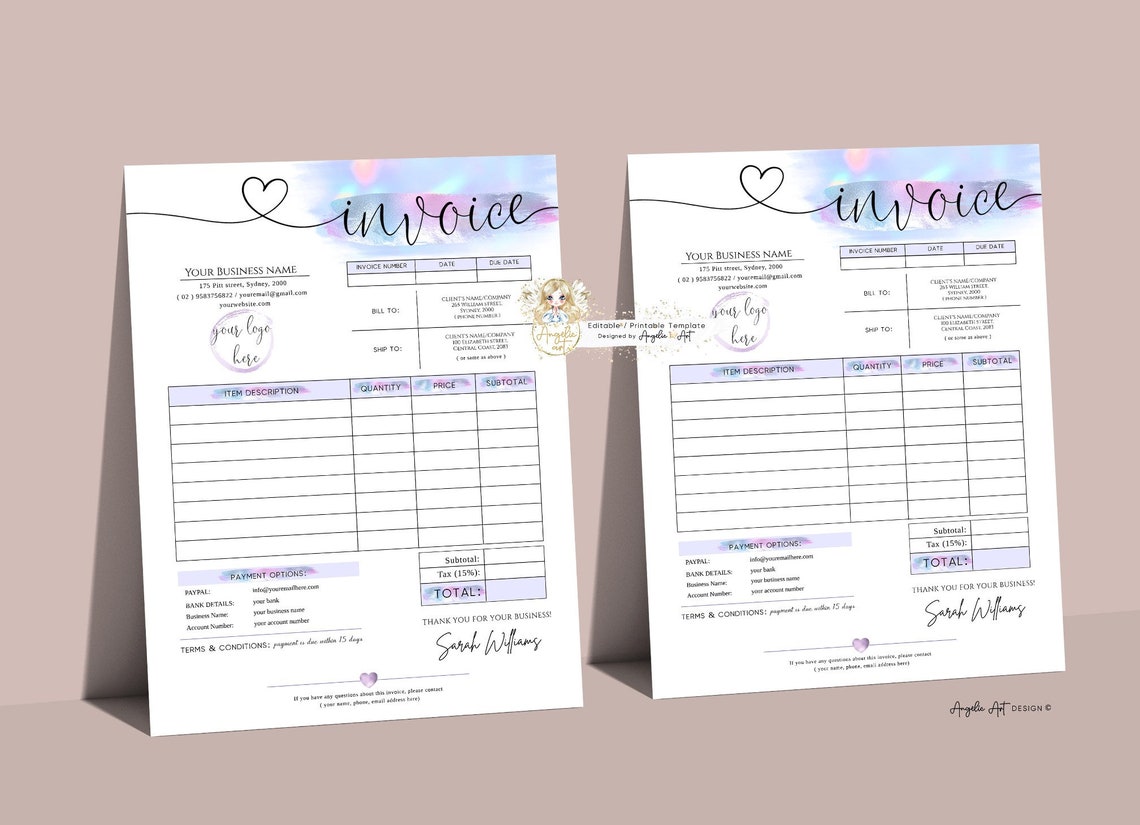 AURORA - Pastel Pink Lilac Invoice Form Template EDITABLE Modern ...
