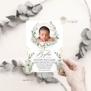 LEVI - Eucalyptus Greenery Gold Baptism PHOTO Invitation Template Editable Boy Girl Baptism Invitation Greenery Christening Printable Invite image 2