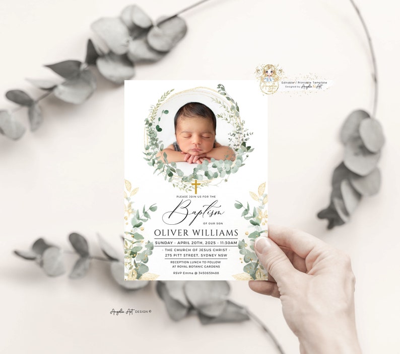 LEVI - Eucalyptus Greenery Gold Baptism PHOTO Invitation Template Editable Boy Girl Baptism Invitation Greenery Christening Printable Invite image 2
