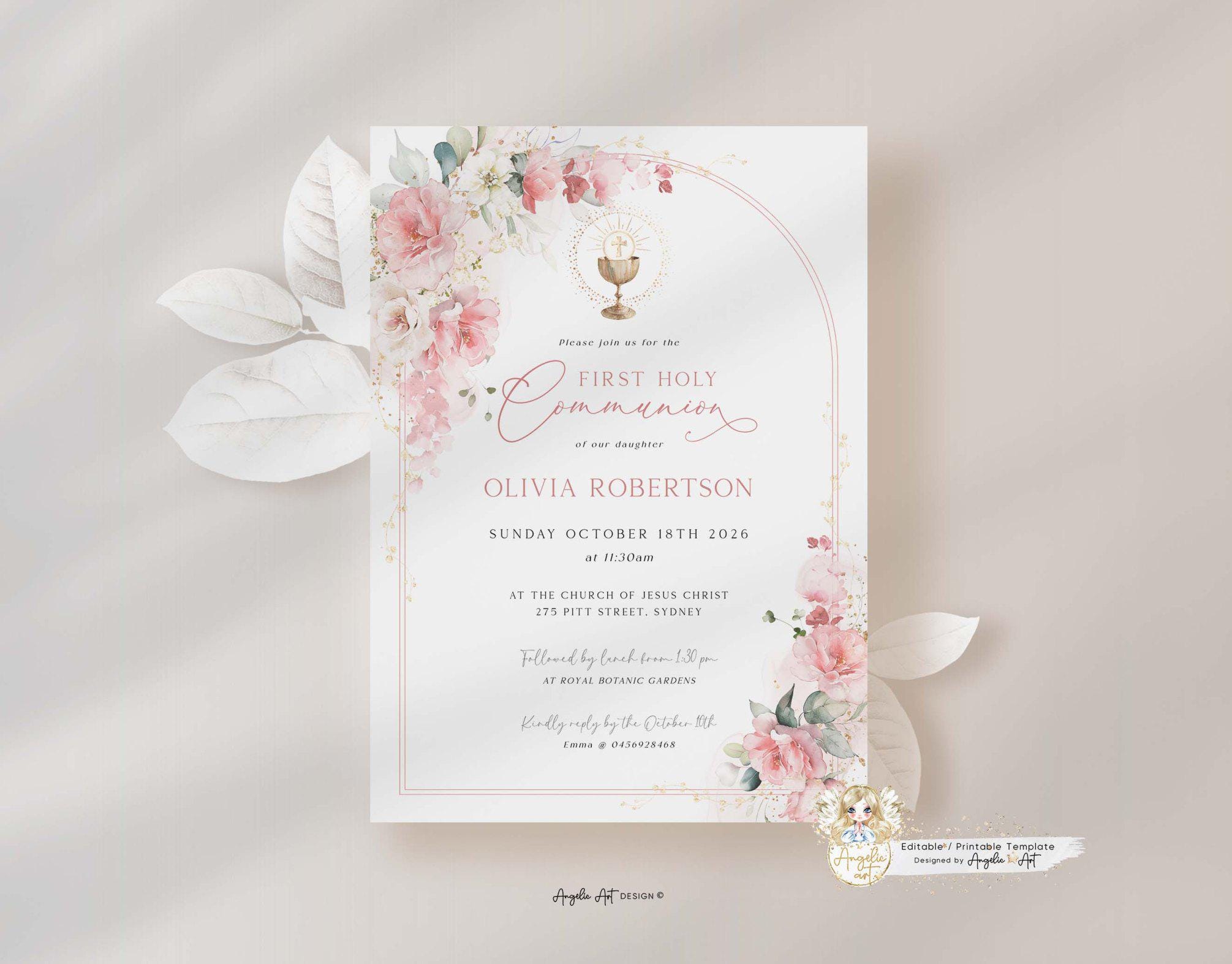 ISABEL - Floral First Communion Invitation Template – Blush Pink and ...