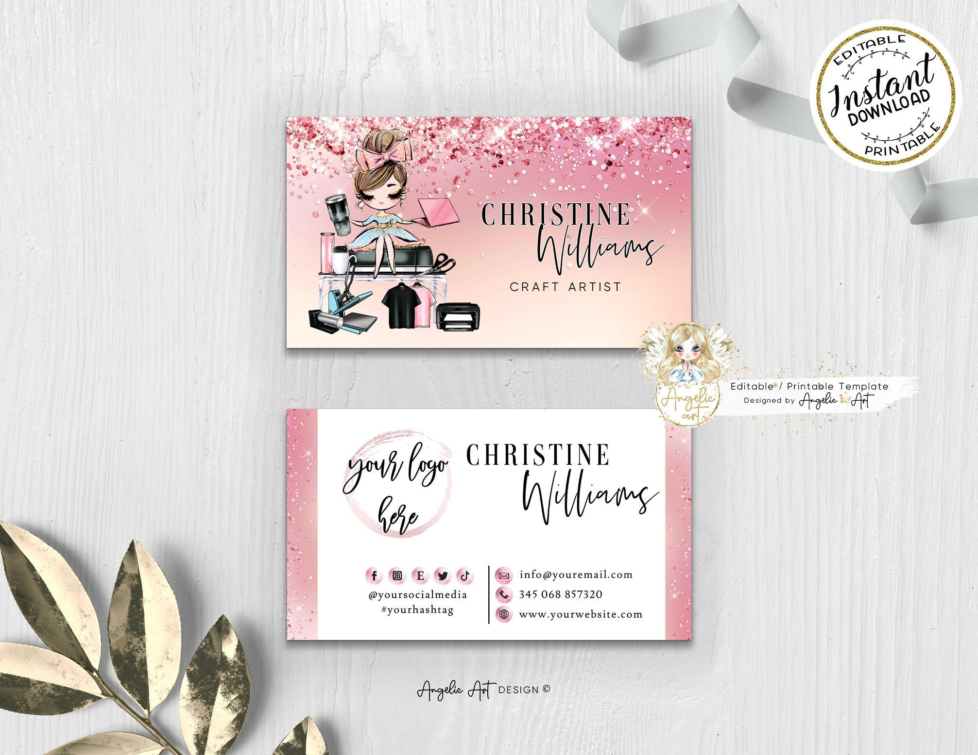 GLAM - Glitter Rose Gold Crafter Business Card Template Editable…