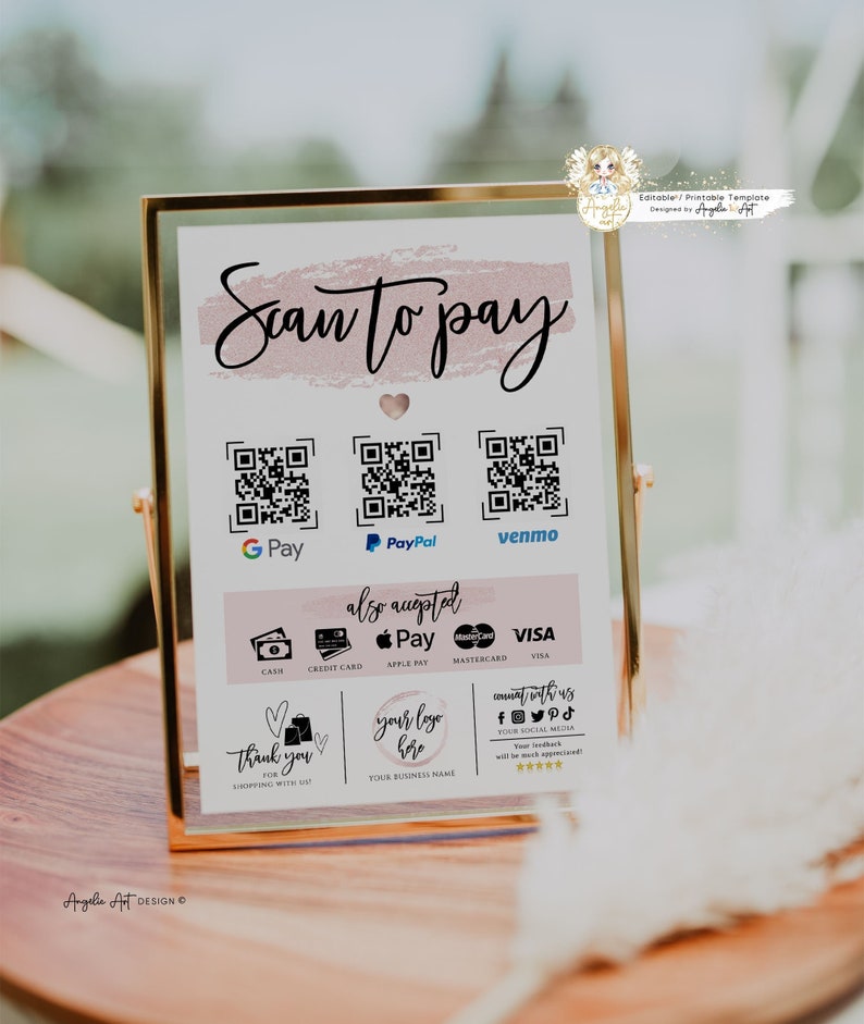 ROSY Rose Gold Editable Scan to Pay Template QR Payment Sign Template Printable Scan to Pay Sign Customer QR Sign DiY Cash App Sign image 1