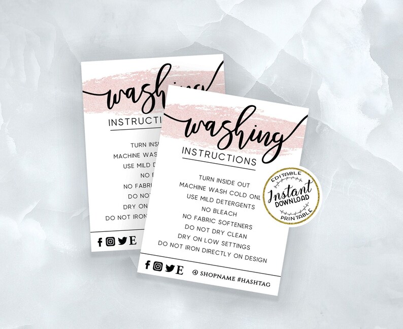 EDITABLE Washing Instructions Template Rose Gold Printable Etsy