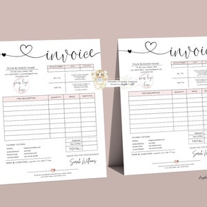 以下が含まれることがあります： ピンクのハートのデザインが施された印刷可能な請求書テンプレート。テンプレートには、品目説明、数量、価格、小計、支払い方法、利用規約、署名欄が含まれています。"請求書"というテキストは筆記体で書かれています。