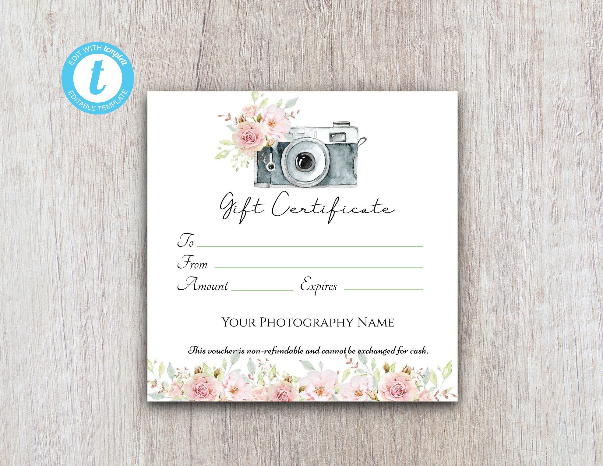 Photography Gift Certificate Template, Gift Voucher Printable Template,  Gift Card Download For Customers Within Free Photography Gift Certificate Template