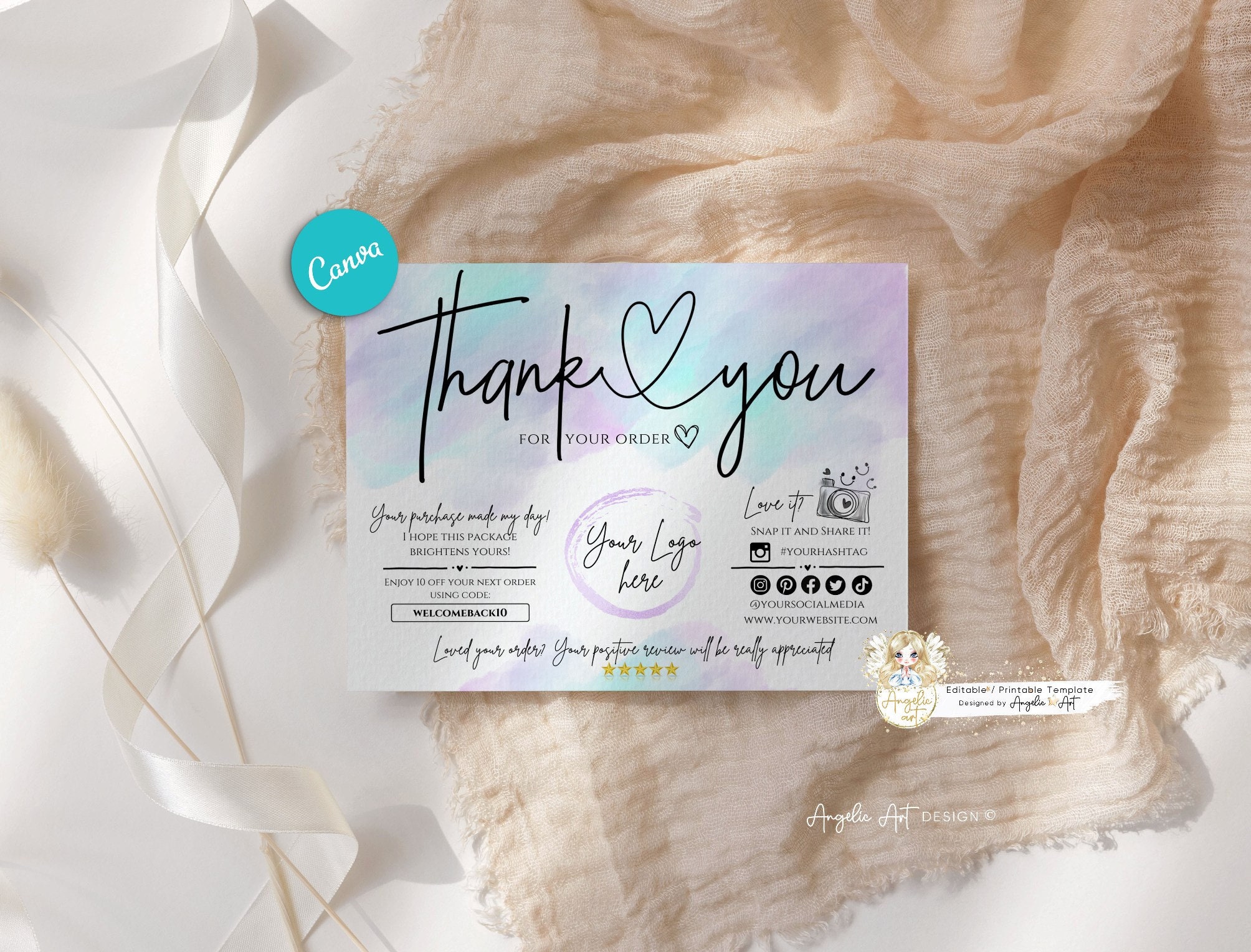 Editable in CANVA Pastel Business Thank You Insert Card Template Modern ...