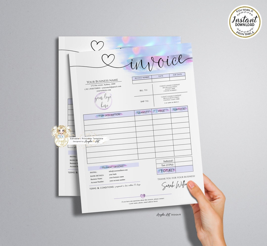 AURORA - Pastel Pink Lilac Invoice Form Template EDITABLE Modern ...