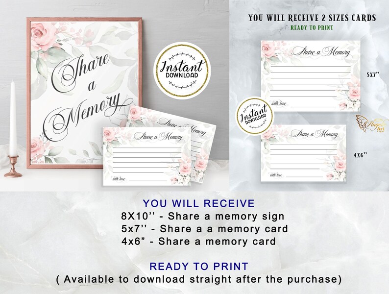 May include: Printable wedding sign and cards with a watercolor floral design. The sign says "Share a Memory" and the cards are 5x7 inches and 4x6 inches.