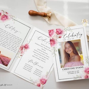 Pink Roses Funeral Program Template EDITABLE Printable Memorial Service ...