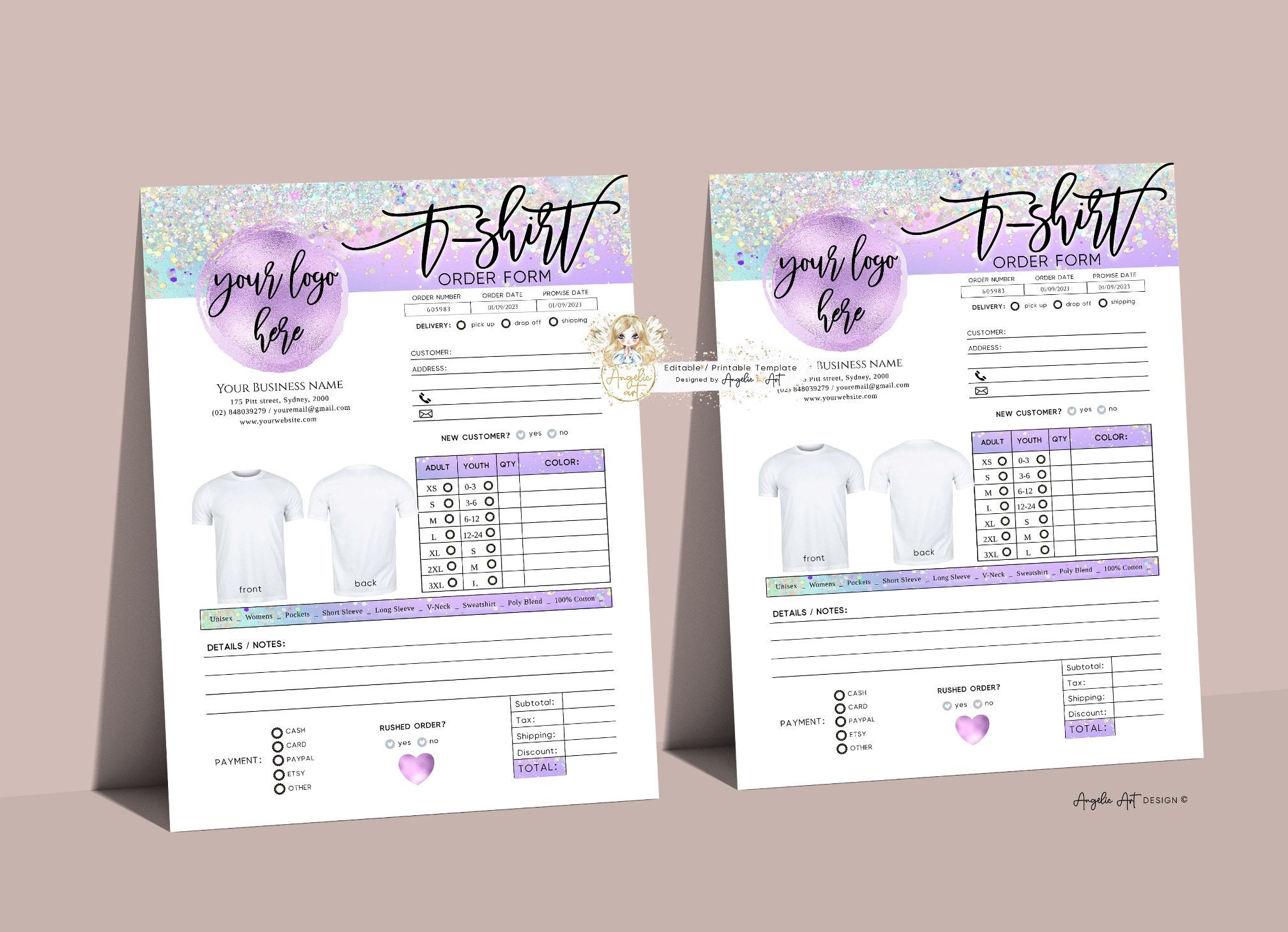 ELF - Holographic Glitter T-SHIRT Order Form Template, Modern Editable ...