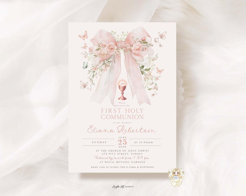 IVY - Blush Pink Floral BOW Butterfly First Holy Communion Invitation ...