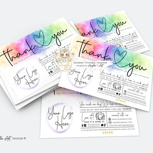 May include: A colorful thank you card with a watercolor rainbow background and a handwritten thank you message. The card includes a space for a logo and a message about supporting small businesses.