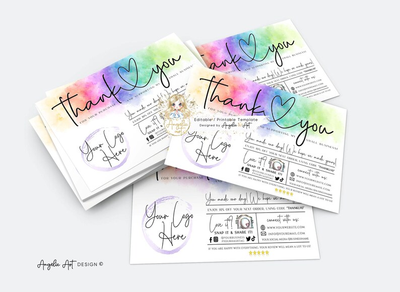 May include: A colorful thank you card with a watercolor rainbow background and a handwritten thank you message. The card includes a space for a logo and a message about supporting small businesses.