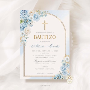 May include: A baptism invitation card with a gold cross and frame, featuring blue and white floral accents. The text includes the word "BAUTIZO" and the name "Antonio Morales". The date is October 18, 2026.