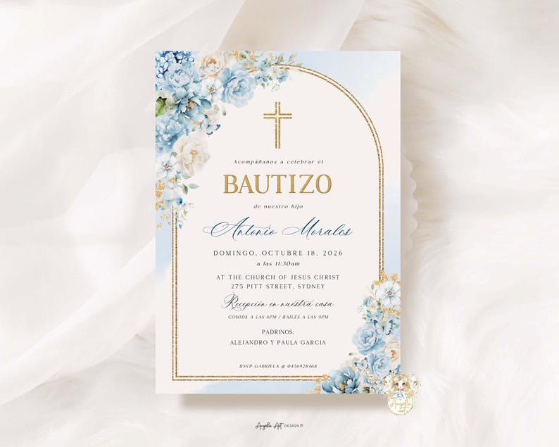 May include: A baptism invitation card with a gold cross and frame, featuring blue and white floral accents. The text includes the word "BAUTIZO" and the name "Antonio Morales". The date is October 18, 2026.