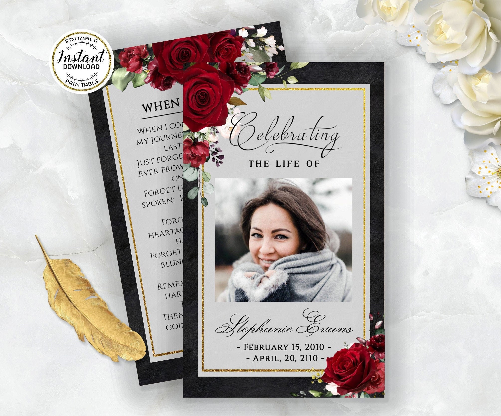 Funeral Prayer Card Template RED Roses GOLD Memorial Prayer - Etsy