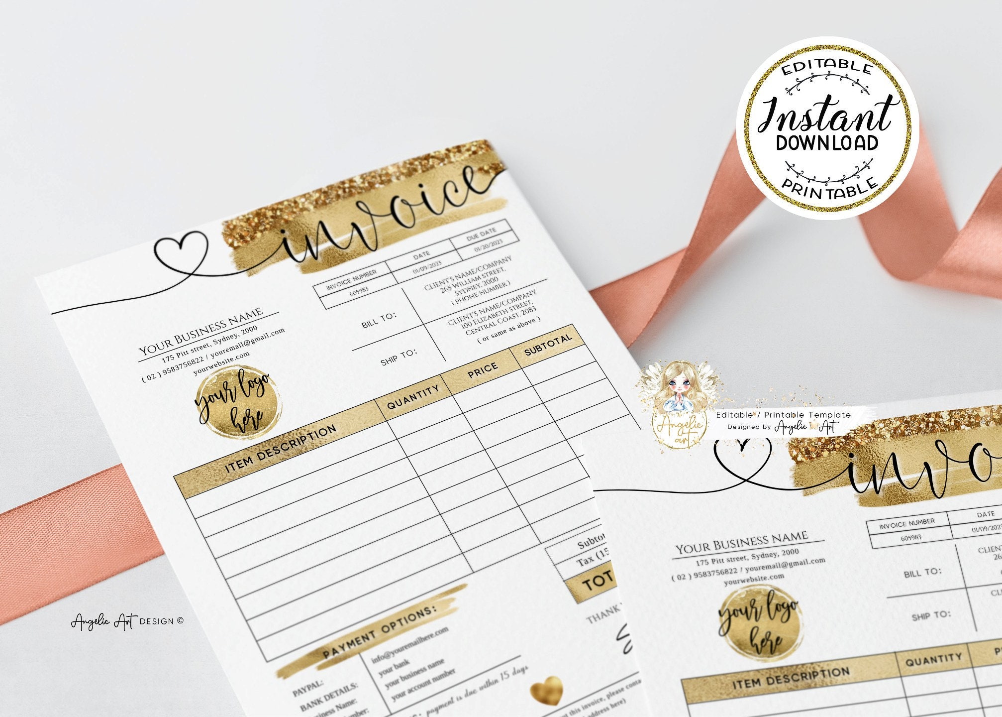 ORO - Modern Gold INVOICE Form Template, Gold Printable Invoice Form ...