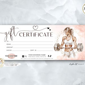Plantilla de certificado de regalo para entrenador personal de entrenamiento FITNESS Rosegold Plantilla de tarjeta de regalo imprimible y editable Plantilla de vale de regalo para fitness deportivo
