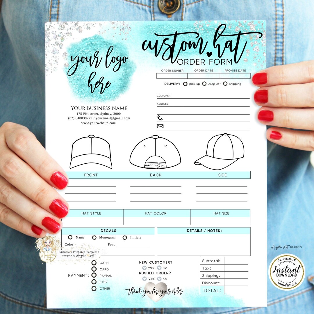 AQUA - HAT Order Form Template, Aqua Silver Printable Cap Invoice Form ...
