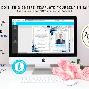May include: A computer screen showing a blue and white floral funeral template with a photograph of a man in a suit. The text on the screen reads "Celebrating the Life of". The template is editable and can be printed at home or professionally.