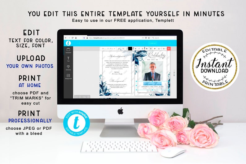 May include: A computer screen showing a blue and white floral funeral template with a photograph of a man in a suit. The text on the screen reads "Celebrating the Life of". The template is editable and can be printed at home or professionally.