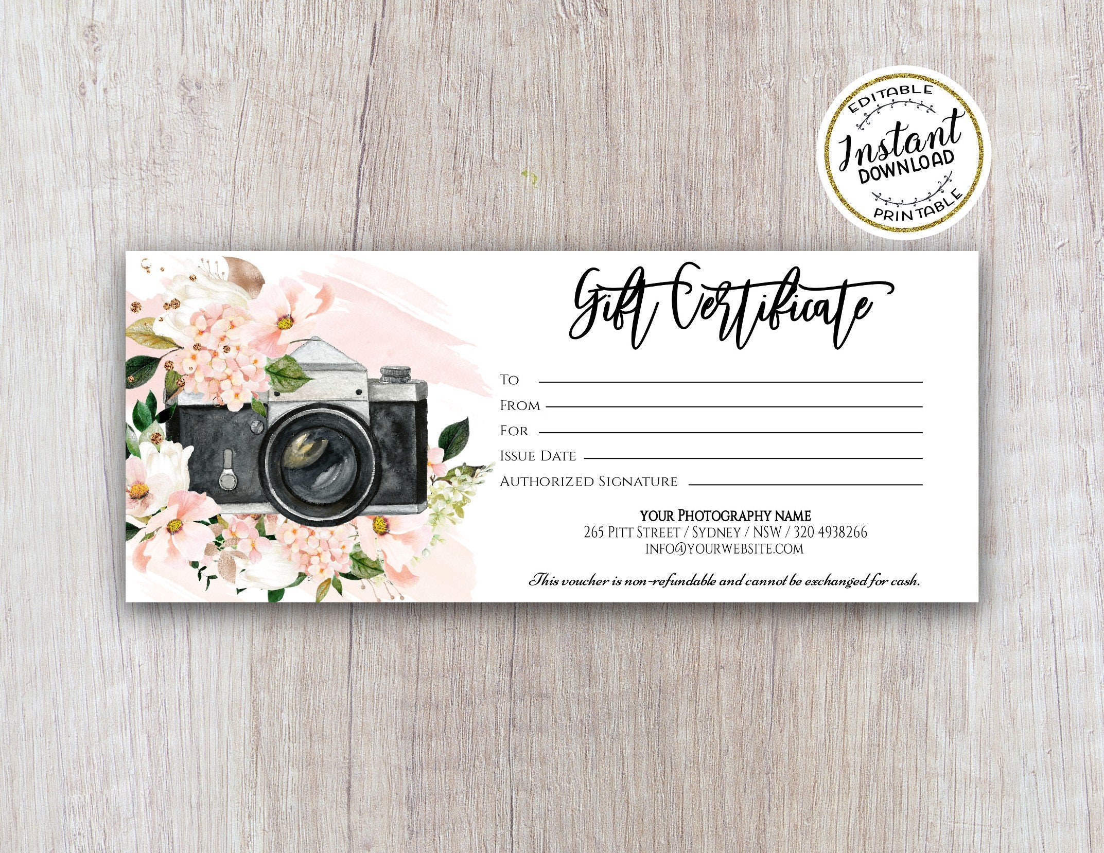 Photography Gift Certificate Template - Photography gift card template -  Photo session voucher card - Editable Printable Template Inside Free Photography Gift Certificate Template