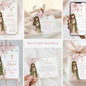 May include: A collection of baptism-themed stationery and decor. The designs feature a watercolor illustration of a woman holding a baby, surrounded by floral elements and a cross. Items include invitations, tags, and a sign.